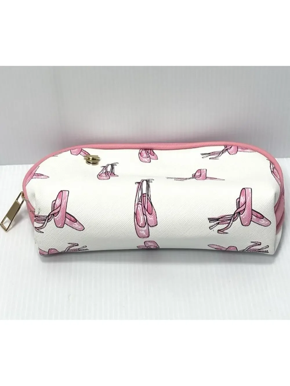 Makeup Bag Pink White Zipper Pouch Makeup Bag, Ballet Shoes, Cosmetic Clutch New